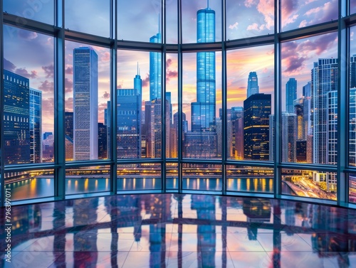 Majestic city skyline in a panoramic portrait  focusing on the multitude of glass windows that decorate the urban buildings  capturing the essence of modern architecture