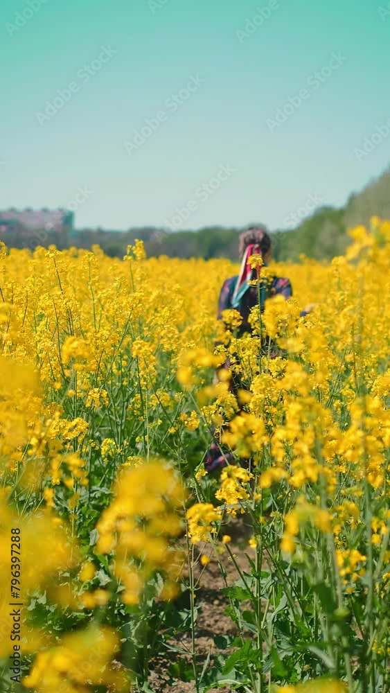 Back view of a woman running through a field, associating cosmetics and skincare products with natural beauty. Back view of a woman running through a field, associating cosmetics and skincare products with natural beauty.