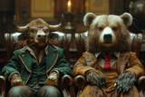 A cinematic shot of two anthropomorphic animals sitting in fancy chairs. Created with Ai