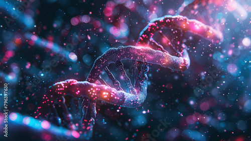 A glowing pink double helix representing DNA on a dark blue background photo