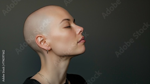 Beautiful caucasian bald woman close-up portrait headshot studio photo on neutral background as cancer and remission concept AI generated