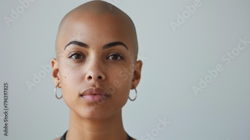 Young ethnic beautiful bald woman with alopecia or after cancer treatment in remission period profile headshot photo on neutral studio background