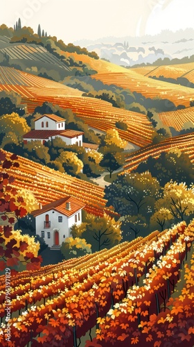 A picturesque landscape of vineyards in a curved valley. It seems to be the autumn season, as the leaves on the vines are presented in shades of yellow, orange and red. The valley is surrounded by hil