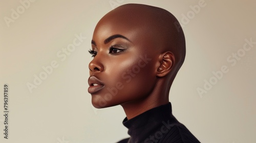 Young ethnic african american beautiful bald woman with alopecia or after cancer treatment in remission period profile headshot photo on neutral studio background