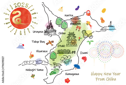 千葉県の観光地のイラストマップ年賀状2025年