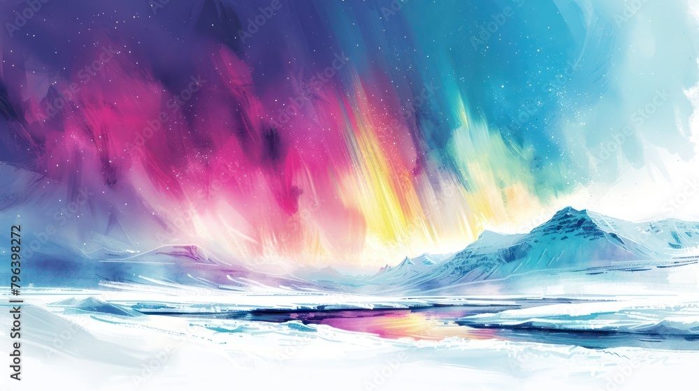 Illustration of the Northern Lights casting vibrant colors over a snowy landscape