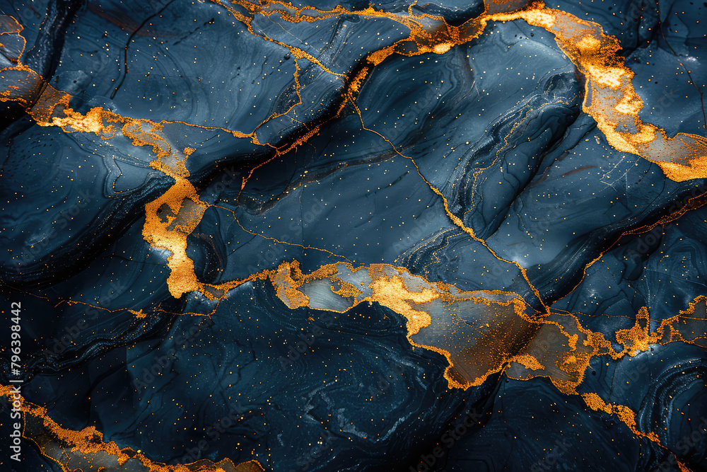 A dark blue marble background with golden veins, resembling the surface of an ocean at night. Created with Ai
