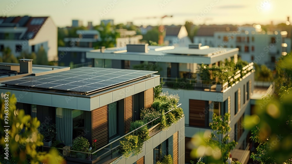 New building with solar panels on the roof. Sustainable and clean energy at home. New building with solar panels on the roof. Sustainable and clean energy at home.