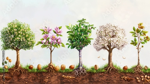Illustration showing different types of nuts as they grow on their respective trees  with a focus on the stages of growth from blossoms to ripe nuts  emphasizing the life cycle and natural beauty of n