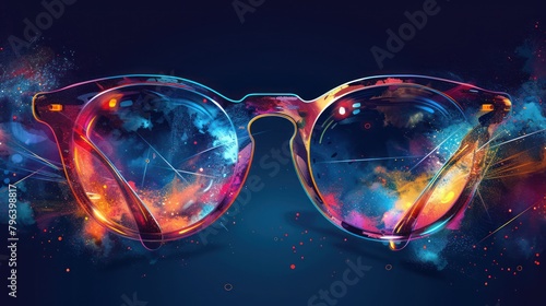 Illustration showing eyeglasses with the lenses transforming into digital data streams, symbolizing the integration of technology and vision