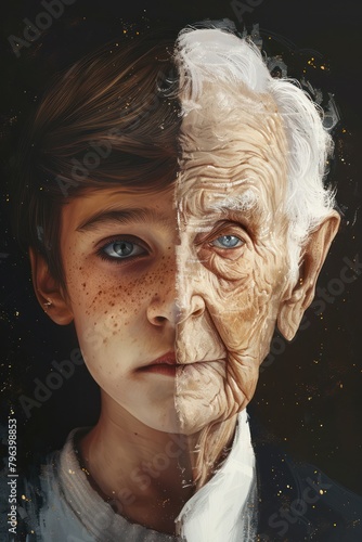 Illustration showing the opposite stages of life, with a young child on one side and an elderly person on the other, highlighting the differences and similarities in their features and expressions
