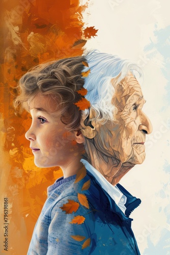 Illustration showing the opposite stages of life, with a young child on one side and an elderly person on the other, highlighting the differences and similarities in their features and expressions