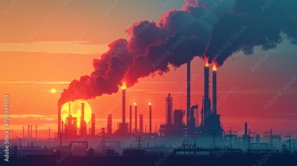 Concept art depicting industrial pollution with factory smokestacks emitting fumes against a sunset sky.