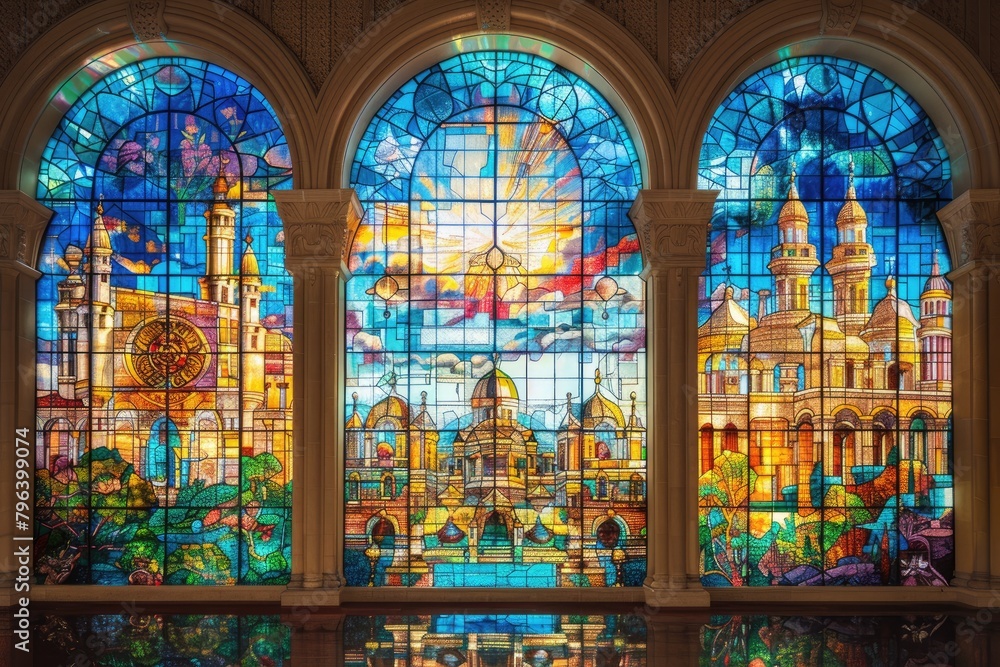 A grand stained glass window depicting a vivid and colorful historical religious scene