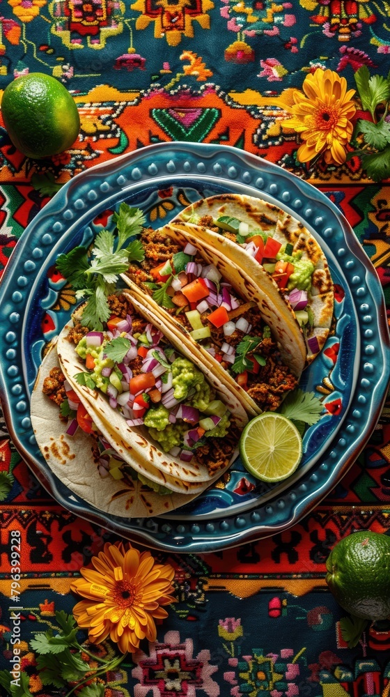Mexican tacos with guacamole and vegetables in a blue plate on a Mexican bright embroidered tablecloth