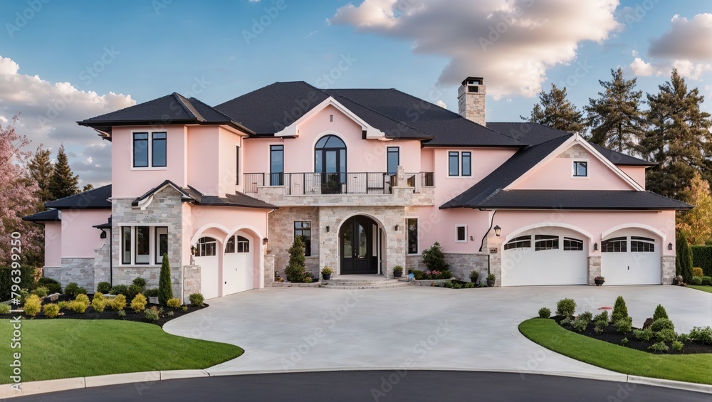 This image shows a large pink and white house with a black roof and four car garage.