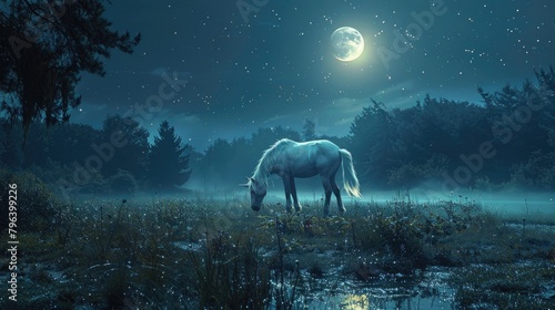 Majestic unicorn grazing in moonlit forest under night sky. Concept of mythical wonderland.
