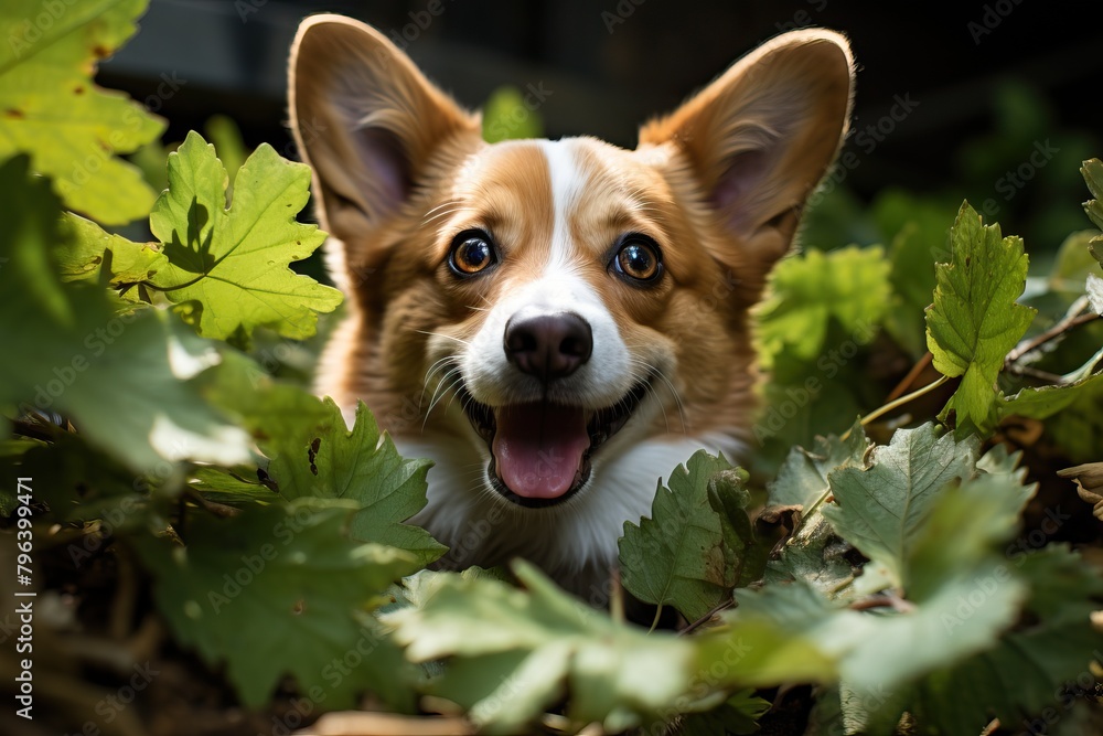Close-up portrait of a corgi in the forest among the leaves. Close-up portrait of a corgi in the forest among the leaves.