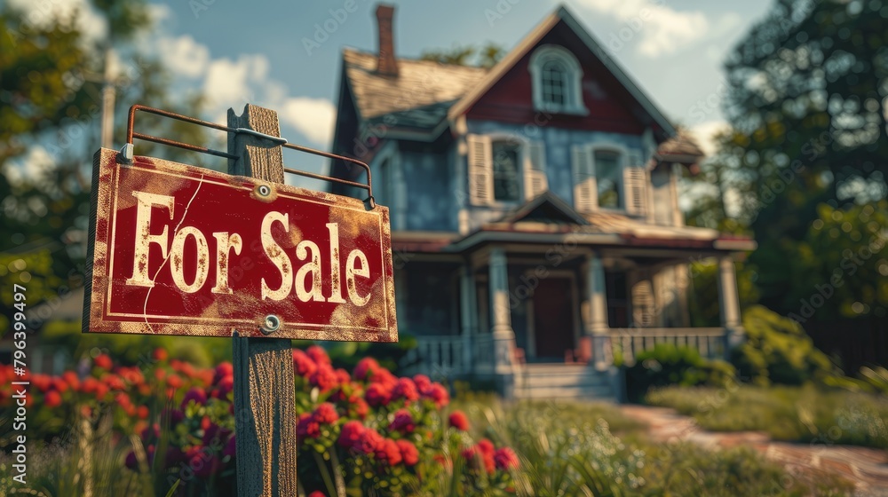 Obraz premium For sale sign real estate sign in front of a new house