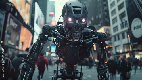 City terror, robot assaulting human in urban environment photo