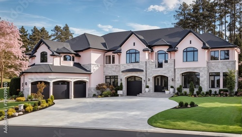 This image shows a large pink and white house with a black roof and four car garage. © Awais