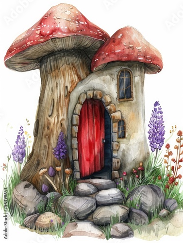 Watercolor illustration of a fantasy mushroom house