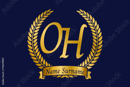 Initial letter O and H, OH monogram logo design with laurel wreath. Luxury golden calligraphy font.