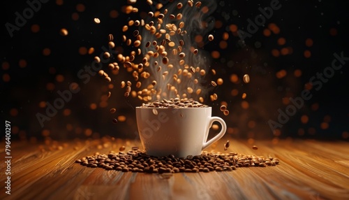 3D rendered animation of coffee beans tumbling gracefully into a steaming cup perfect for a coffee brand commercial