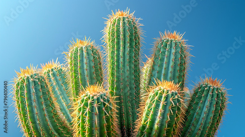 Towering cactus with multiple arms and a clear blue sky in the background