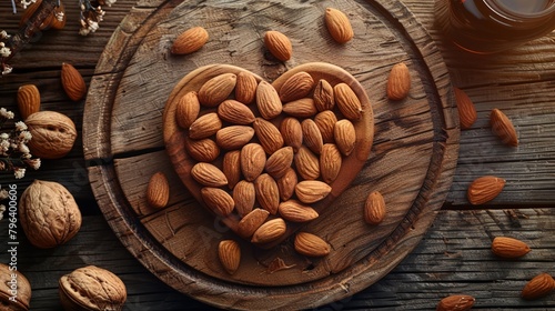 Almonds artfully arranged in a love symbol on wooden plate with dietetic items around photo