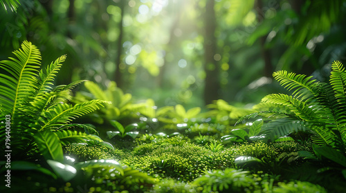 Tropical ferns and mosses covering the ground of a lush rainforest photo