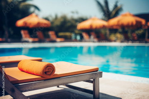 Towel on lounger near swimming pool in hotel resort