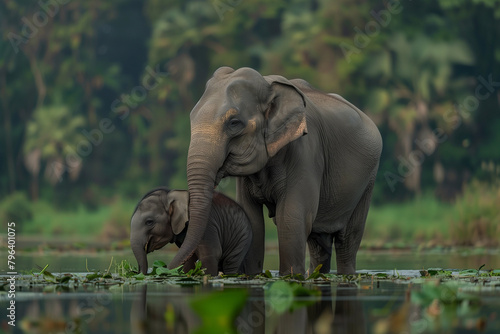 A mother elephant and her calf standing in the water of an Indian lake surrounded by lush greenery photo