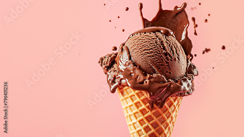 Scoop of crave-worthy dark rich chocolate ice cream with velvety texture in waffle cone with melting dripping, chocolate sauce splashes on pink background photo