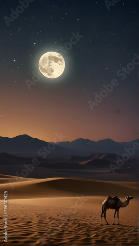 desert scene under a crescent moon. A camel  adorned with a decorative saddle  stands gracefully against the backdrop of a tranquil and picturesque sunset that fades into a starry night sky