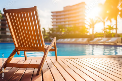 Wooden deckchair in swimming pool with palm trees and sun light