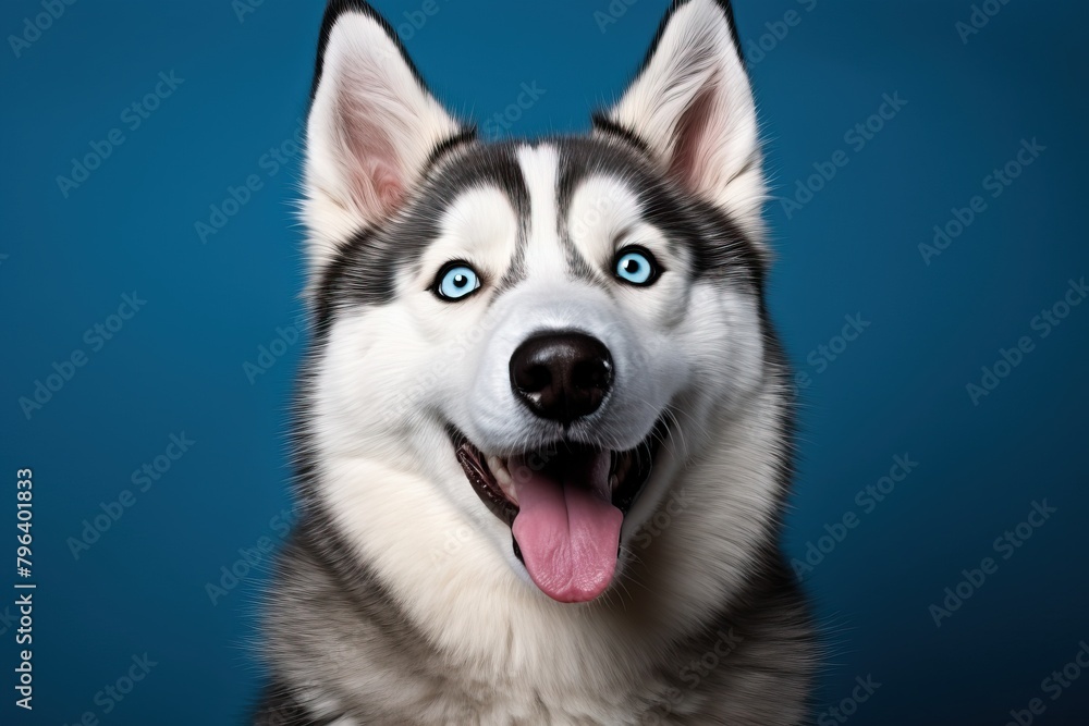 Portrait of a husky with an open mouth on a blue background.