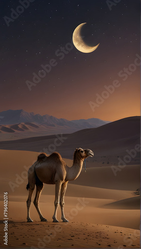 desert scene under a crescent moon. A camel  adorned with a decorative saddle  stands gracefully against the backdrop of a tranquil and picturesque sunset that fades into a starry night sky