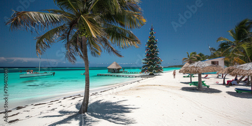 A beach with a palm tree and a Christmas tree. The beach is empty and the water is calm