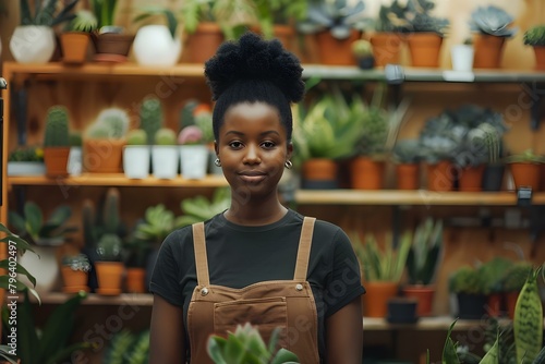 Portrait of Black female small business owner in plant retail store. Concept Portrait Photography, Small Business Owner, Black Female, Plant Retail Store, Empowered Entrepreneur photo