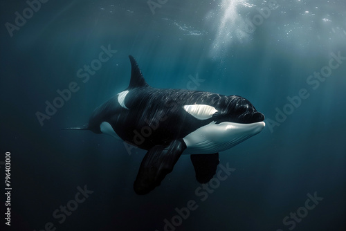 A black and white orca is swimming in the deep sea  with sunlight shining on its body