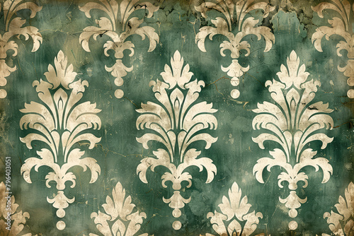 Dark green and dark beige vintage wallpaper with golden baroque ornament. Created with Ai