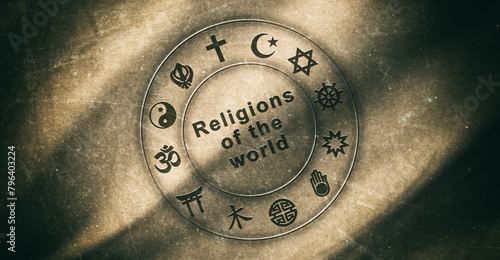 Symbols of various world religions engraved on ancient wavy fabric
