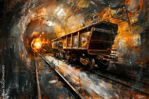A painting of a train moving through a dark tunnel. Suitable for transportation themes