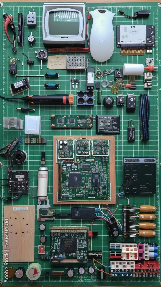 A green board with many electronic components on it A green board with many electronic components on it