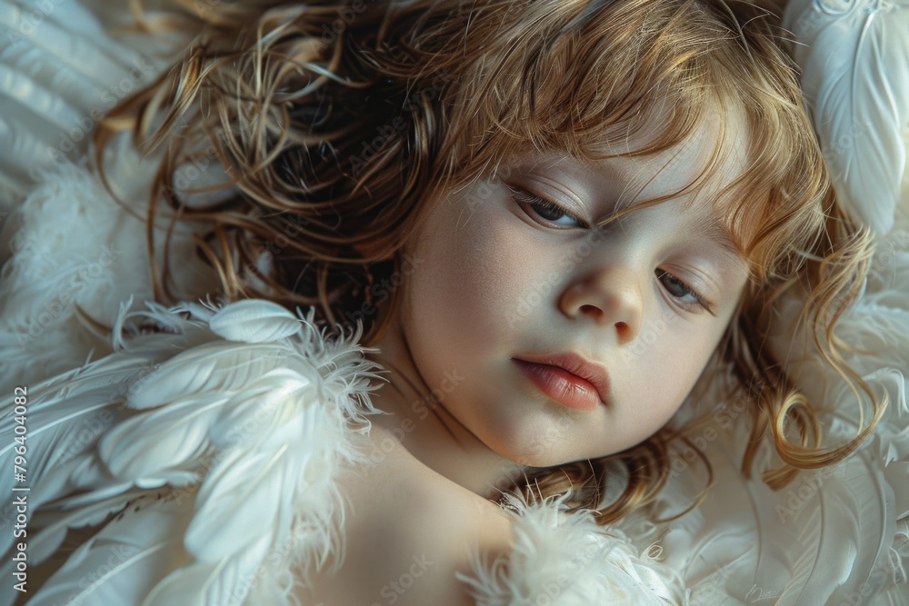 A little girl laying on a bed covered in white feathers. Suitable for interior design concepts