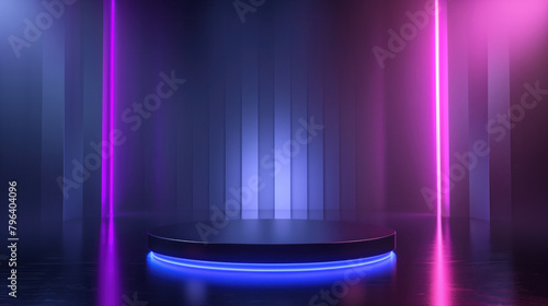 Blank podium stand with neon lights on dark background, generative ai