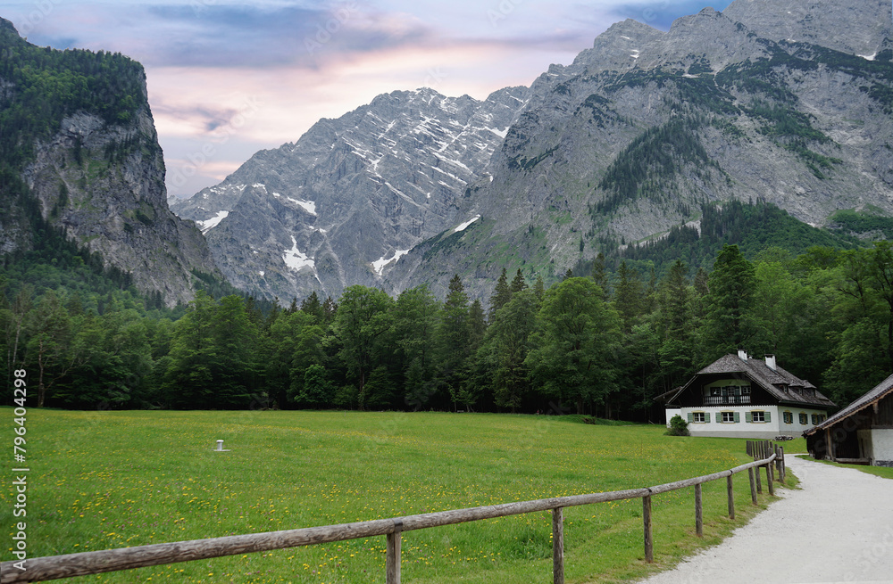 High mountain views and pine forests in the district of Berchtesgadener Land in the German state of Bavaria.