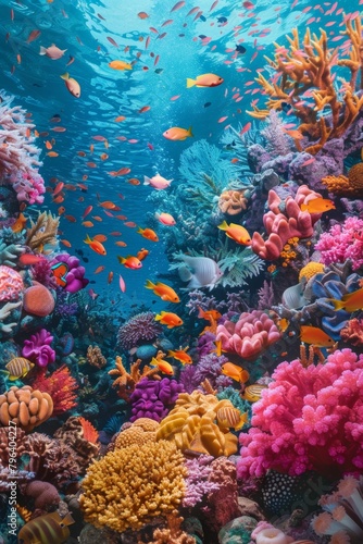 Realistic pop art rendition of a vibrant coral reef teeming with fish  stylized textures  contrasting colors  realistic forms