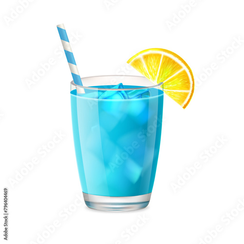Realistic blue lagoon cocktail with drinking straw, ice and lemon.